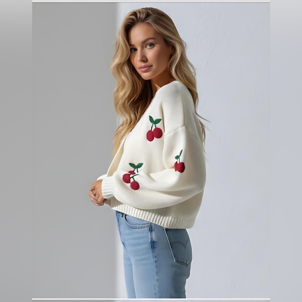 Cherry Embroidery Lantern Sleeve Cardigan - Picture 4 of 8